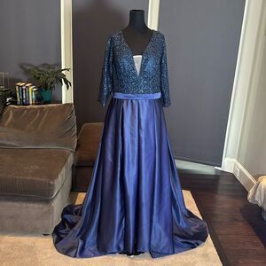 Women’s Blue Full Length 3/4 Sleeve Sparkly Sheer Bodice Dress Leg Slit Size 14